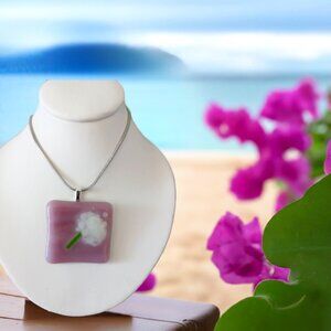Cute pink white fused glass dandelion necklace Artisan handmade flower jewelry